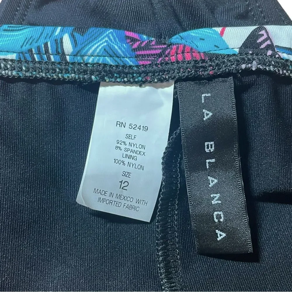 NWT La Blanca Vintage Y2K Ruched Tropical Waist Black Bikini Bottom Size 12 NEW - Picture 9 of 13